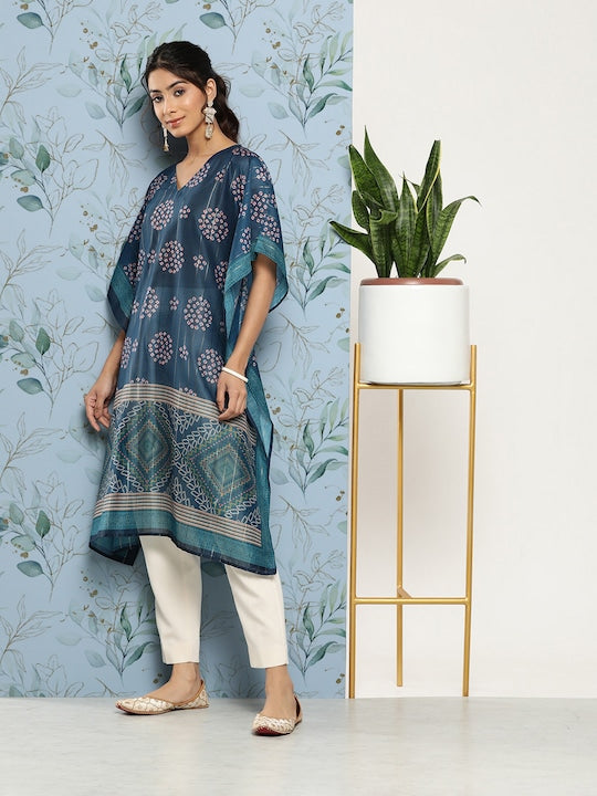 Yufta Women Bandhani Printed Flared Sleeves Indigo Kaftan Kurta
