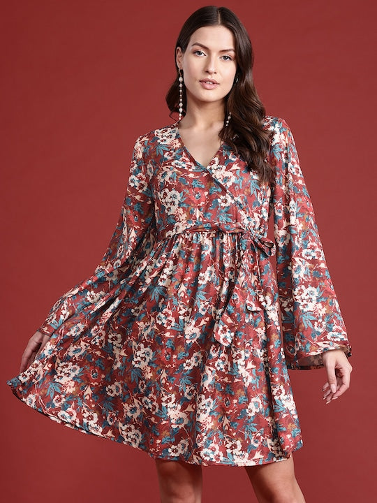 All about you Floral Printed Puff Sleeves Wrap Dress