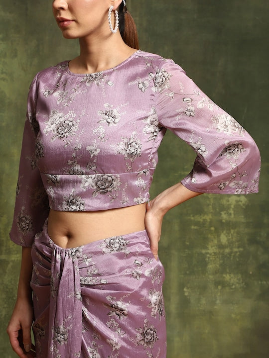 AKS Floral Printed Crop Top With Slit Maxi Skirt