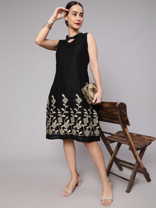 AKS Floral Embroidered V-Neck Knee Length Cotton A-Line Dress