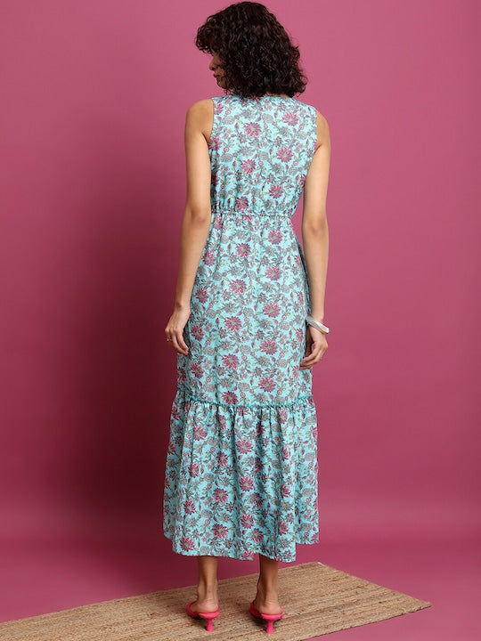 Vishudh Blue Floral Printed Gathered or Pleated Midi Dress