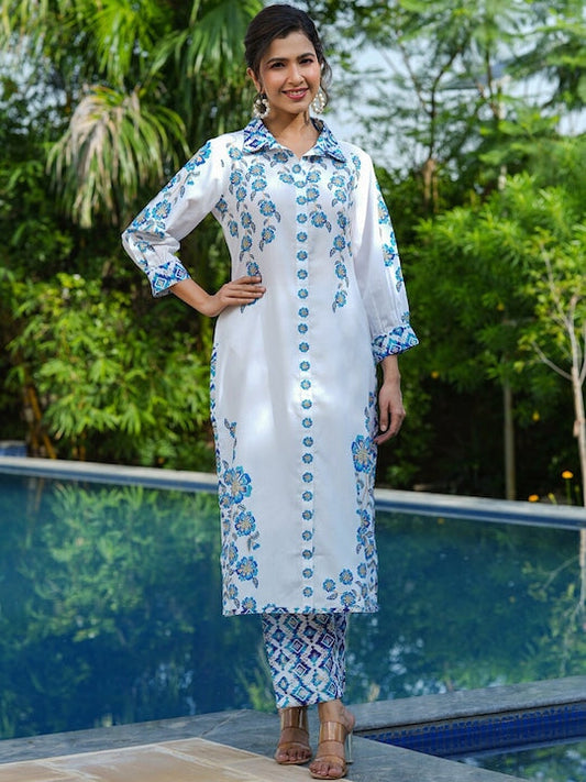 Yufta Women Floral Printed V-Neck Puff Sleeves Pure Cotton Kurta with Trousers - M