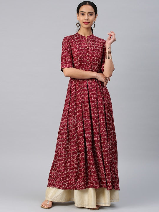 Vishudh Women Maroon Printed Maxi Ethnic Dress