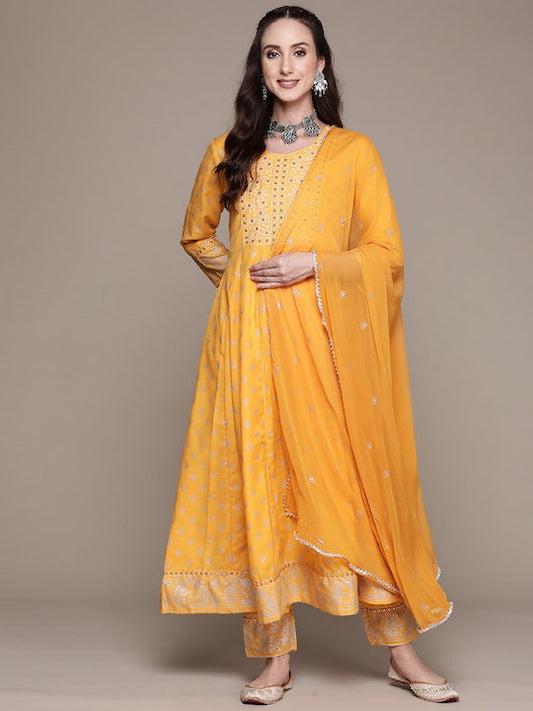 Anubhutee Women Mustard Yellow Mirror Work Kurta with Trousers & With Dupatta