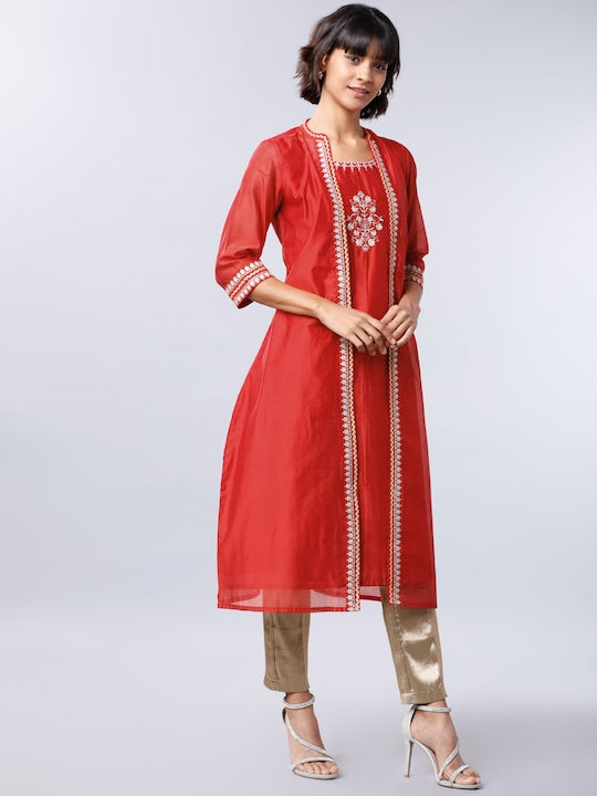 Vishudh Women Red Embroidered A-Line Kurta