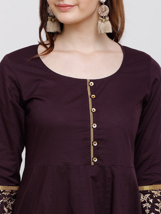 Vishudh Women Burgundy & Gold-Toned Woven Design Anarkali Kurta