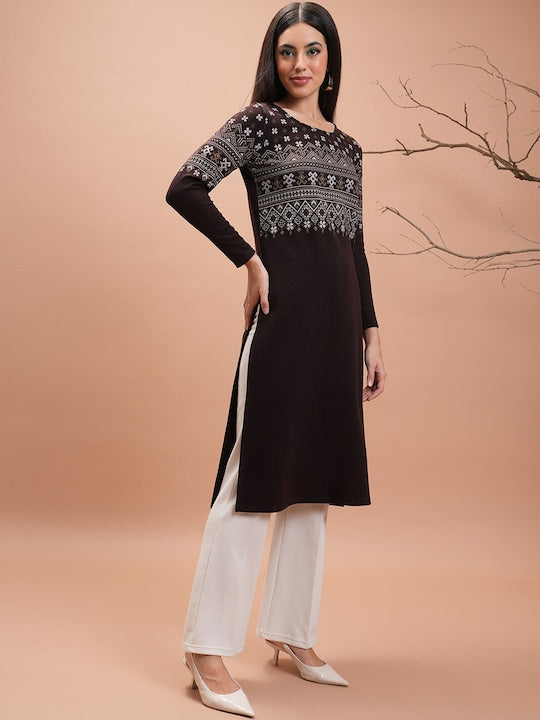 Vishudh Brown Geometric Printed Long Sleeves Straight Kurta