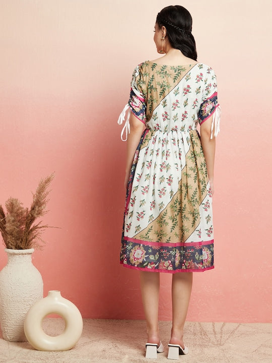 AKS White Ethnic Motifs Printed Gathered Cotton A-Line Dress