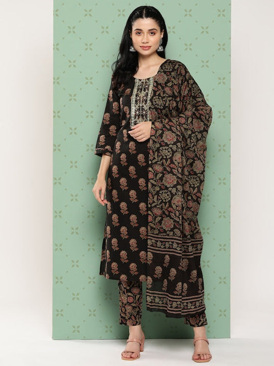 Yufta Women Floral Embroidered Regular Gotta Patti Pure Cotton Kurta Set
