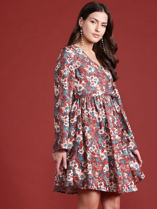 All about you Floral Printed Puff Sleeves Wrap Dress