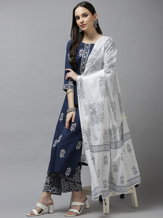 Yufta Women Navy Blue Printed Layered Pure Cotton Kurta with Trousers & Dupatta