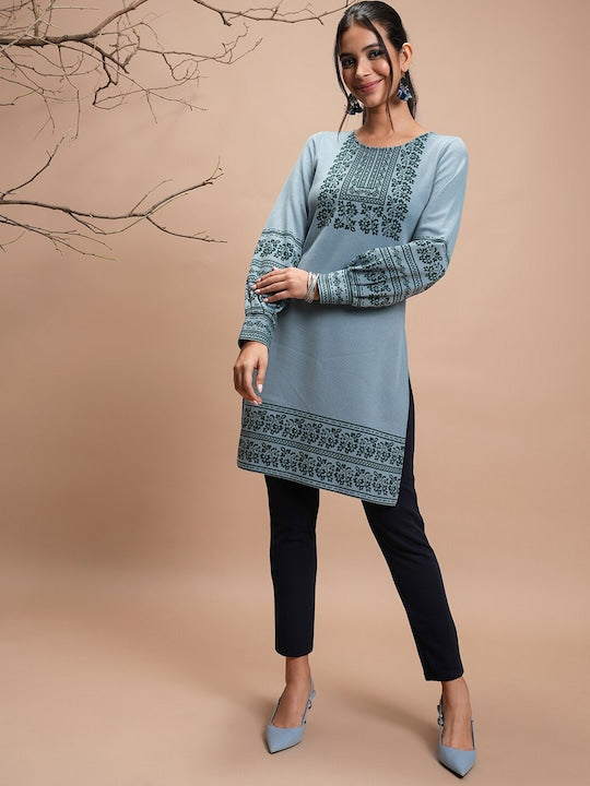 Vishudh Floral Printed Puff Sleeves Straight Kurta