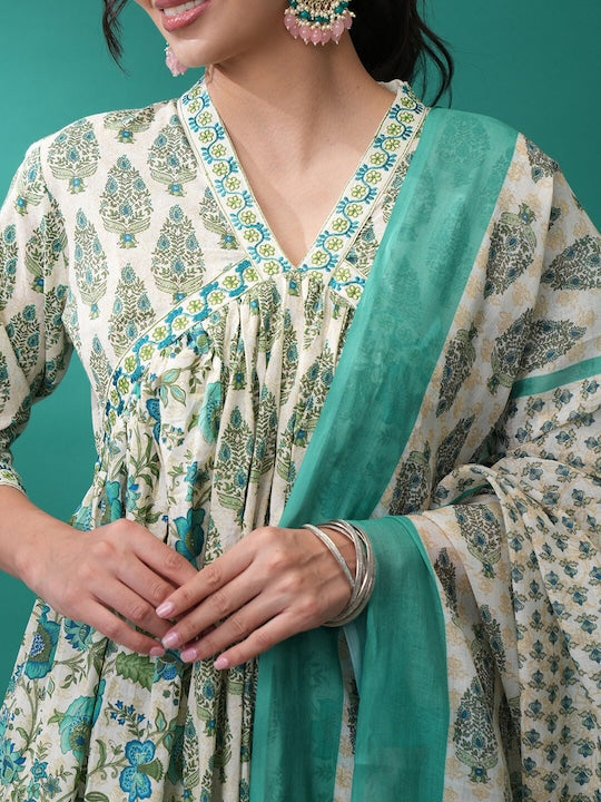 Vishudh Ethnic Motifs Printed Empire Anarkali Kurta with Trousers & With Dupatta