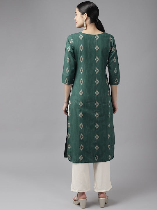 Yufta Women Woven Design Straight Kurta Green