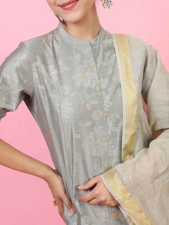 Vishudh Women Grey Ethnic Motifs Panelled Kurta with Skirt & With Dupatta