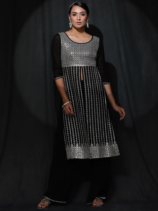 AKS Couture Ethnic Motifs Embroidered Sequinned High Slit Straight Kurta With Palazzos