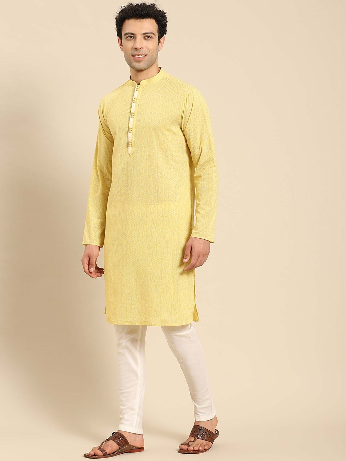 Amodh by Kisah Men Yellow Kurta (Set of 2)