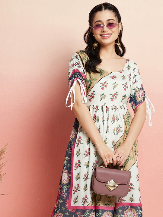 AKS White Ethnic Motifs Printed Gathered Cotton A-Line Dress