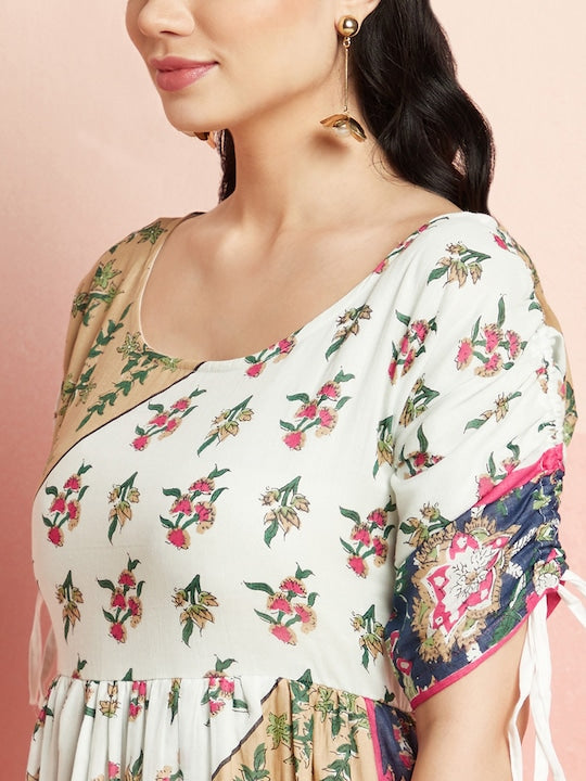 AKS White Ethnic Motifs Printed Gathered Cotton A-Line Dress