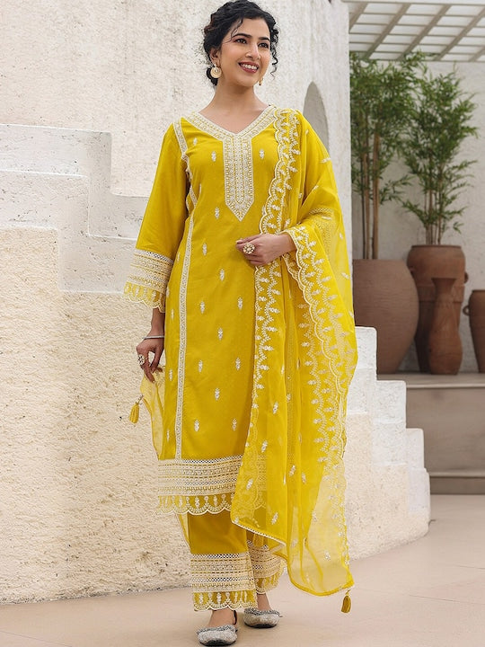 Vishudh Floral Embroidered Regular Thread Work Pure Cotton Kurta with Trousers & Dupatta
