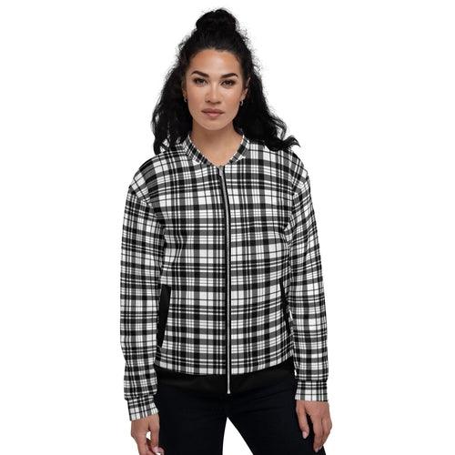 Womens Bomber Jacket, Black & White Plaid Style - zoter Shop