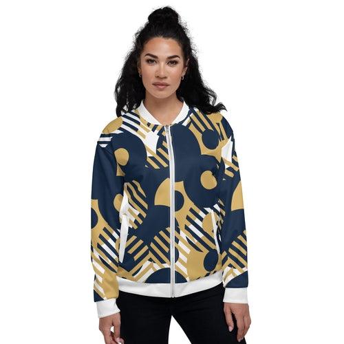 Womens Bomber Jacket, Blue & Gold Geometric Style - zoter Shop